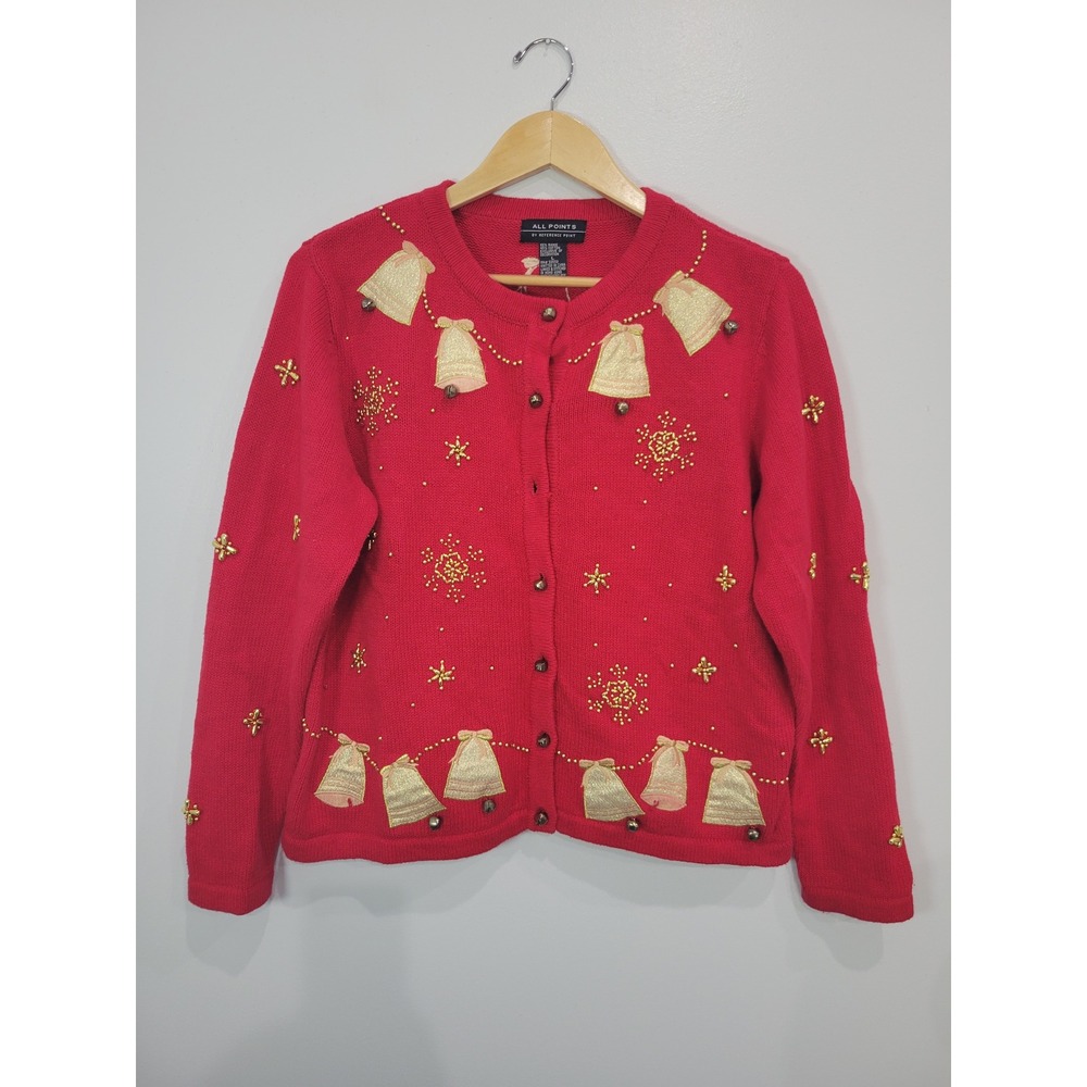 All Points By Reference Point Red Bell Snowflake Christmas Sweater Cardigan L
